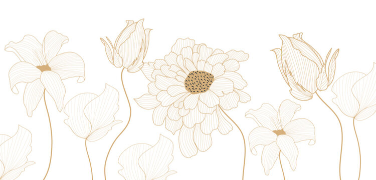 Golden Botanical Vector Pattern: Hand-Drawn Floral Illustrations for Packaging, Social Media, Covers, Banners, Creative Posts, and Wall Art