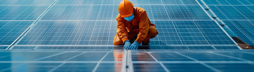Engineering Team Member Maintaining Solar Panels for Sustainable Energy Production