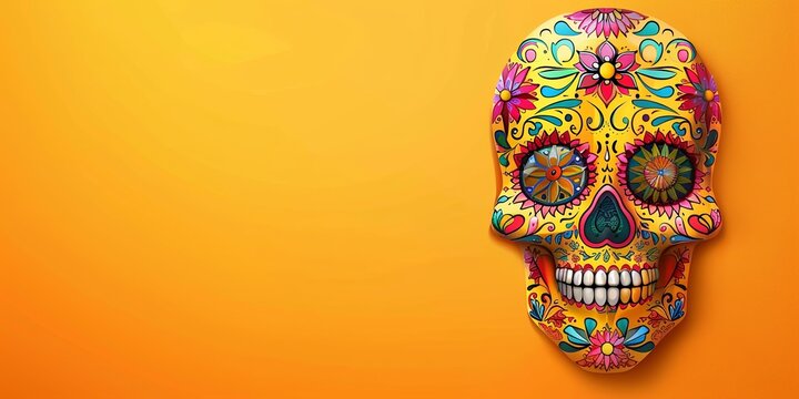 Mexican scull for Cinco de Mayo celebration banner with empty space on a solid yellow background