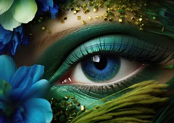 Poster Im Rahmen Close-up of an eye with vibrant blue iris and green artistic makeup, surrounded by flowers and glitter. © Sascha