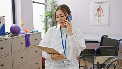 A young hispanic female healthcare professional talks on a phone in a clinic, displaying a...