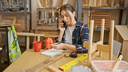 Hispanic woman multitasking in a carpentry workshop, talking on phone and taking notes.