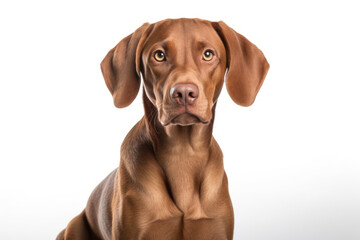A poised brown dog with a glossy coat and deep, thoughtful eyes sits attentively against a stark white backdrop.