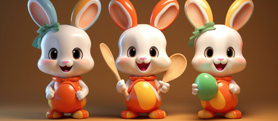 Fototapeta premium Three cheerful cartoon bunnies with oversized ears in matching orange outfits, holding cooking utensils and an Easter egg.