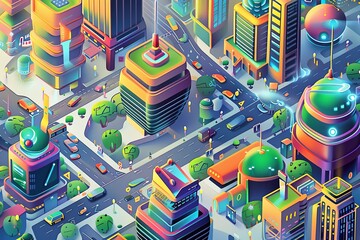 Futuristic Cityscape with Vibrant Colorful Buildings This image showcases a bright and imaginative futuristic cityscape, featuring stylized buildings with a vibrant color palette