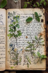 Dry plants on the book. A book with a herbarium and description
