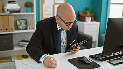 Young hispanic man business worker using touchpad taking notes at the office