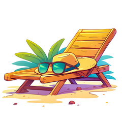 A chaise longue for relaxing on the seashore, a hat and sunglasses.The concept of leisure and summer travel.