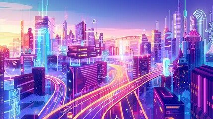 Fototapeta na wymiar Neon Glow Cyberpunk Cityscape Illustration A digital illustration of a bustling cyberpunk cityscape bathed in neon glow, featuring futuristic skyscrapers and busy traffic at twilight.