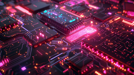 Obraz premium A futuristic pattern on a glowing neon circuit board.