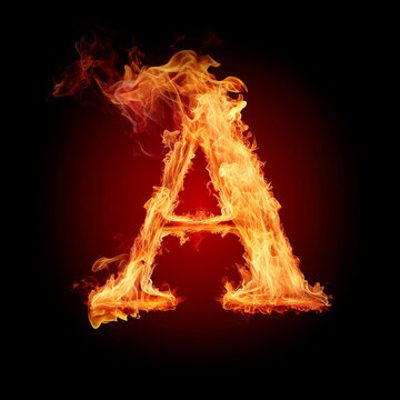 Letter A made of fire flames with sparks isolated on black background