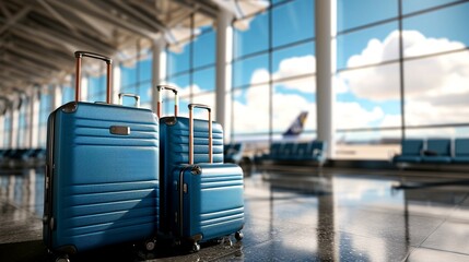 Two blue suitcases sitting next to each other in a busy airport terminal, waiting to be collected by their owners. - obrazy, fototapety, plakaty