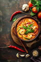 Top view of Thai curry recipe with copy space for text. Food background. Generative AI. - 756471581