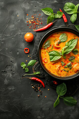 Top view of Thai curry recipe with copy space for text. Food background. Generative AI.