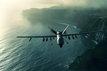 Militärische Drohne vom Typ Reaper über dem Meer, erstellt mit generativer KI - obrazy, fototapety, plakaty