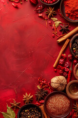 Top view of Indian spice in red tone with copy space for text. Food background. Generative AI.