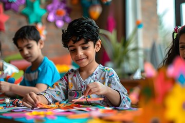 Ramadan Kareem Celebration Children Creatively Design Eid Al-Fitr Decorations. religion festival, eid mubarak, holy month of Ramadan Kareem concept