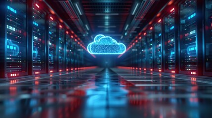 3d render of glowing cloud icon above row of computer server in data center room with hologram effect, concept of technology with digital connection, futuristic style, cloud computing concept - obrazy, fototapety, plakaty
