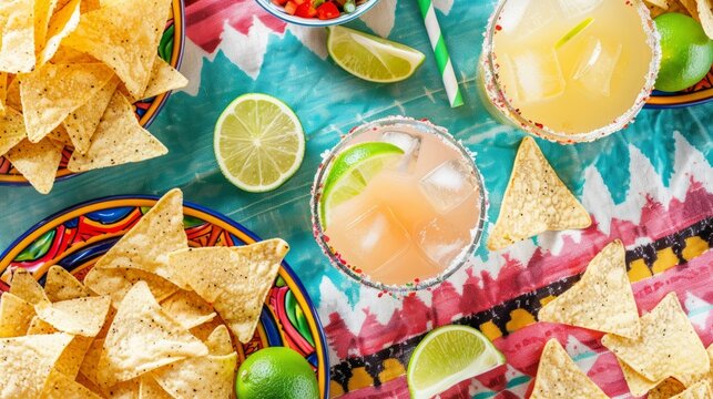 Margarita cocktails, nachos. and limes on the table, top view