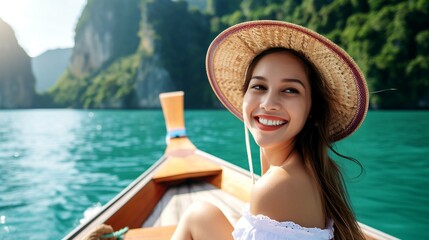 Fototapeta premium A woman wearing a hat is seated in a boat on the water.