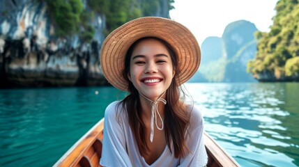 Fototapeta premium A woman wearing a hat is seated in a boat on the water.