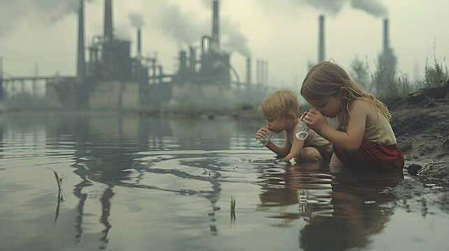 children drinking polluted water