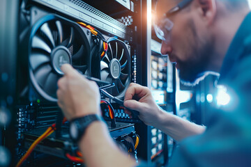 repairing and maintaining equipment for virtual money mining using station in cloud server room at data center