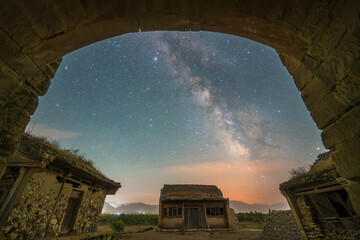 Chinese traditional buildings at night, Ancient Chinese castles under the stars, Ancient Chinese...