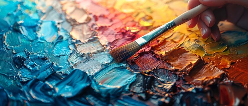 Closeup of an artist holding a palette while mixing colors for an oil painting