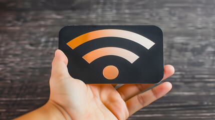 A man's hand holding a plastic card with WI-FI icon