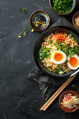 Top view of noodle recipe with copy space for text. Food background. Generative AI. - 756473183