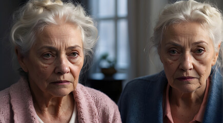 Two senior women with solemn expressions sitting together, showcasing the beauty of aging and companionship