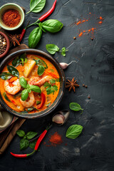 Top view of Thai curry recipe with copy space for text. Food background. Generative AI. - 756473321