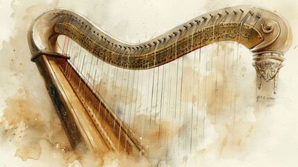 Illustration depicting a harp in watercolor, showcasing the concept of playing musical instruments