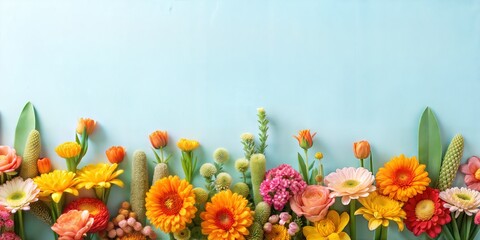 Panoramic image showcasing a colorful assortment of spring flowers against a pastel blue backdrop. Mexican background for Mexico festive festival Cinco de mayo