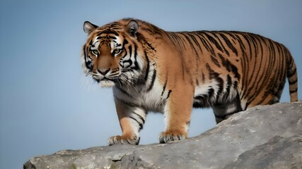 A watchful tiger perched on a rocky outcrop, its piercing gaze fixed on the horizon as it stands guard over its territory.