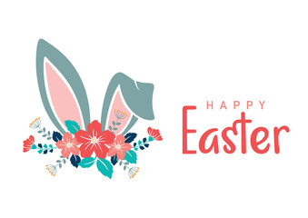 happy easter card with floral elements, easter bunny`ears and lettering, hand drawn vector illustration isolated on white background, design for greeting cards,banner,wallpaper,invitation