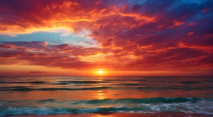 Deurstickers A breathtaking sunset over the ocean with dramatic red and orange clouds in the sky © JohnTheArtist