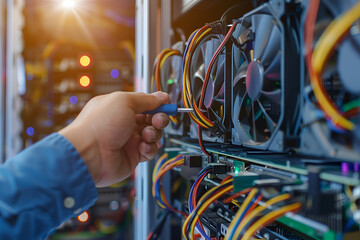 repairing and maintaining equipment for virtual money mining using station in cloud server room at data center
