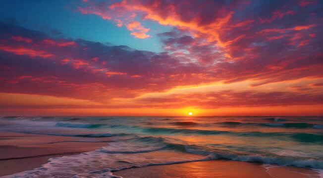 Warm sunset hues paint the sky and reflect on the beach with gentle waves rolling in