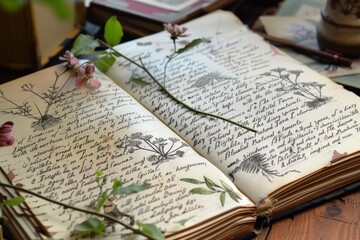 Dry plants on the book. A book with a herbarium and description