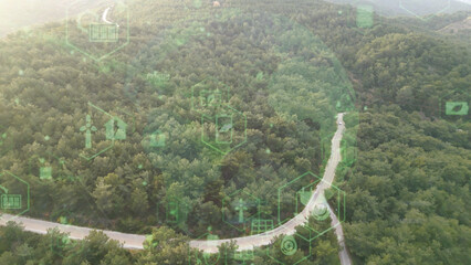 Green forest aerial view and environmental technology concept. Green tech. Ecology. Green transformation. GX. SDGs. High quality 4k video