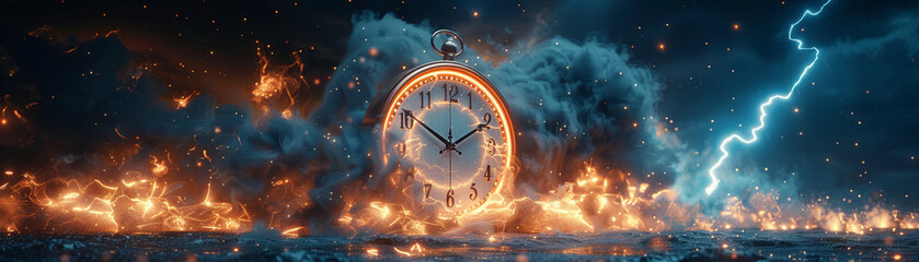 Time is running out as the clock ticks in this alarming image. Time is money as the lightning storm clock  - obrazy, fototapety, plakaty