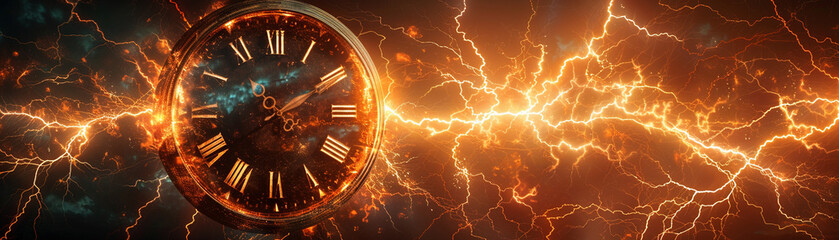 Time is running out as the clock ticks in this alarming image. Time is money as the lightning storm clock image shows - obrazy, fototapety, plakaty