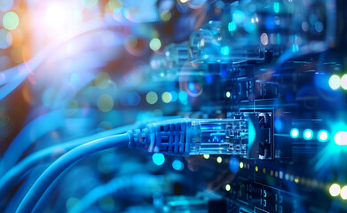closeup of network switch and blue cable in data center, blurred background