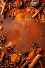 Top view of Indian spice in orange tone with copy space for text. Food background. Generative AI. 