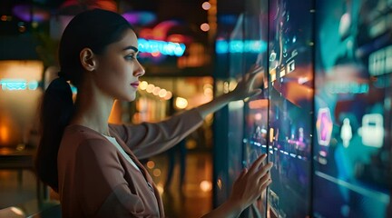 Young woman touching sensitive screen while selecting surface option. Female standing at big display with advanced innovative device with infographics design elements.Person with futuristic technology