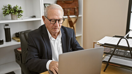 Senior man immersed in success, working intricately with laptop at his business office, elder...