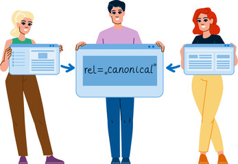 coding canonical tag vector. description code, html metadata, h1 search coding canonical tag character. people flat cartoon illustration