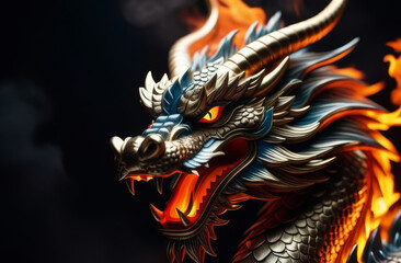 Big traditional mystical Chinese dragon from fairy tales and legends. Fantasy dragon on black Background. Year of the Dragon - obrazy, fototapety, plakaty